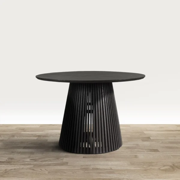 Ridge 47 Inch Handcrafted Mango Wood Round Dining Table, Slatted Flared Base, Black