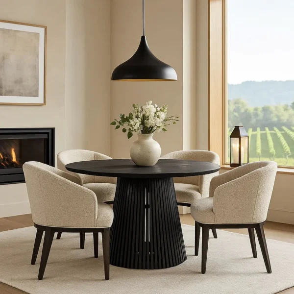 Ridge 47 Inch Handcrafted Mango Wood Round Dining Table, Slatted Flared Base, Black