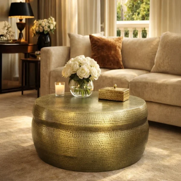 Kvira 32" Artisanal Round Drum Coffee Table, Hammered Embossed Texturing, Aluminum, Antique Brass