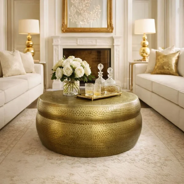 Kvira 32" Artisanal Round Drum Coffee Table, Hammered Embossed Texturing, Aluminum, Antique Brass