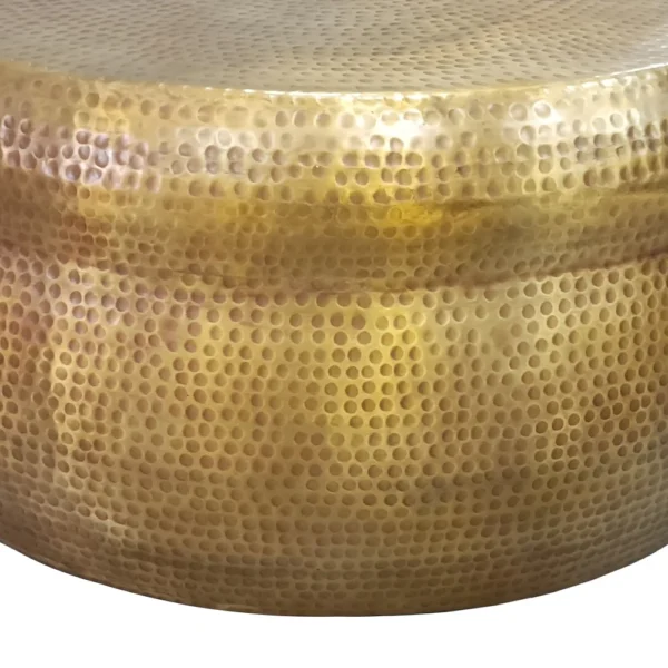 Kvira 32" Artisanal Round Drum Coffee Table, Hammered Embossed Texturing, Aluminum, Antique Brass