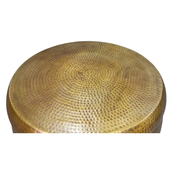 Kvira 32" Artisanal Round Drum Coffee Table, Hammered Embossed Texturing, Aluminum, Antique Brass