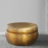Kvira 32" Artisanal Round Drum Coffee Table, Hammered Embossed Texturing, Aluminum, Antique Brass