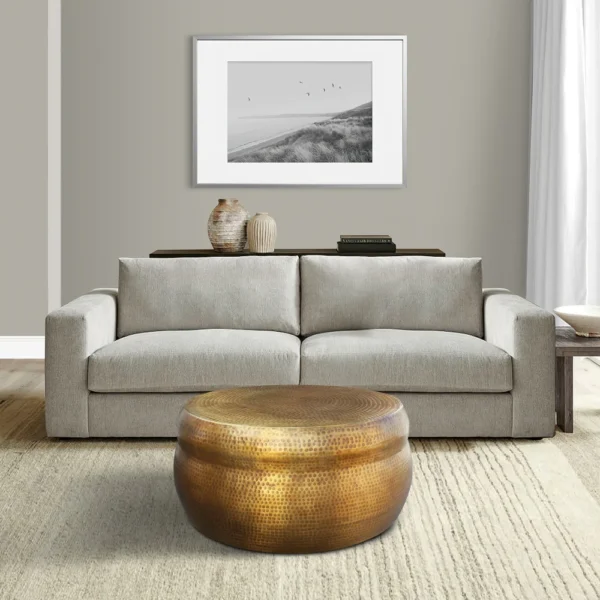 Kvira 32" Artisanal Round Drum Coffee Table, Hammered Embossed Texturing, Aluminum, Antique Brass