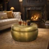Kvira 32" Artisanal Round Drum Coffee Table, Hammered Embossed Texturing, Aluminum, Antique Brass