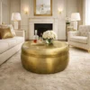 Kvira 32" Artisanal Round Drum Coffee Table, Hammered Embossed Texturing, Aluminum, Antique Brass