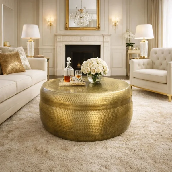 Kvira 32" Artisanal Round Drum Coffee Table, Hammered Embossed Texturing, Aluminum, Antique Brass