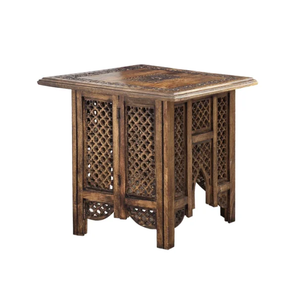 21 Inch Boho Side End Table, Floral Carved Details, Foldable Panel Legs, Natural Walnut Brown
