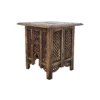 21 Inch Boho Side End Table, Floral Carved Details, Foldable Panel Legs, Natural Walnut Brown