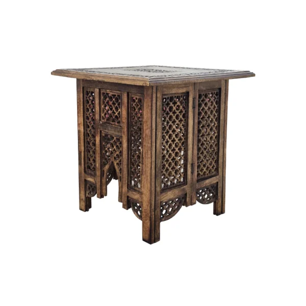 21 Inch Boho Side End Table, Floral Carved Details, Foldable Panel Legs, Natural Walnut Brown
