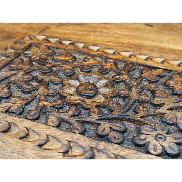 21 Inch Boho Side End Table, Floral Carved Details, Foldable Panel Legs, Natural Walnut Brown