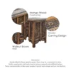 21 Inch Boho Side End Table, Floral Carved Details, Foldable Panel Legs, Natural Walnut Brown