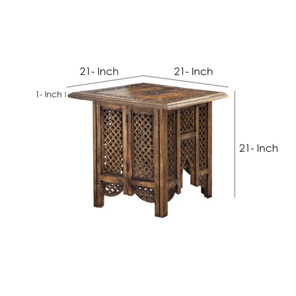 21 Inch Boho Side End Table, Floral Carved Details, Foldable Panel Legs, Natural Walnut Brown