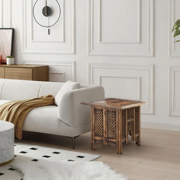 21 Inch Boho Side End Table, Floral Carved Details, Foldable Panel Legs, Natural Walnut Brown