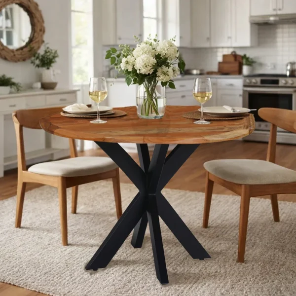Kuri 41 Inch Handcrafted Live Edge Round Dining Table with a Natural Brown Acacia Wood Top and Black Iron Legs