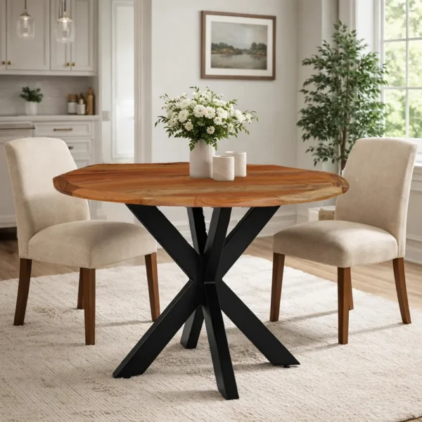 Kuri 41 Inch Handcrafted Live Edge Round Dining Table with a Natural Brown Acacia Wood Top and Black Iron Legs