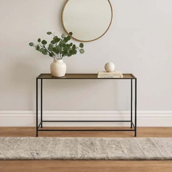 Aurelia 48 Inch Console Sofa Table, Artisanal Hammered Antique Bronze Tray Top, Industrial Black Iron Frame