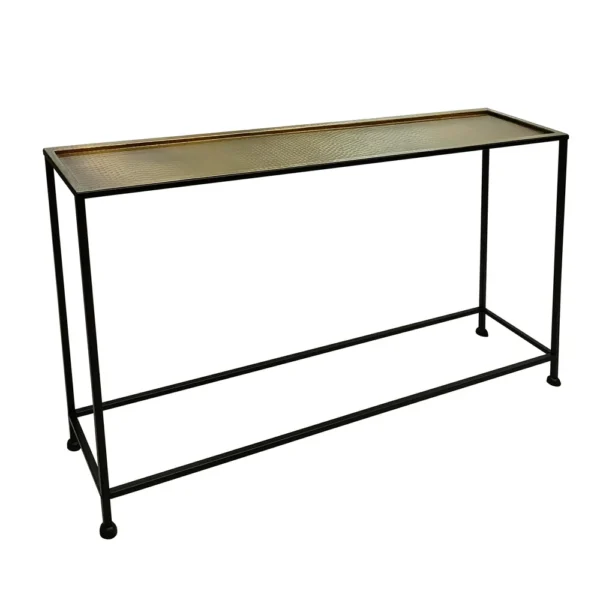 Aurelia 48 Inch Console Sofa Table, Artisanal Hammered Antique Bronze Tray Top, Industrial Black Iron Frame