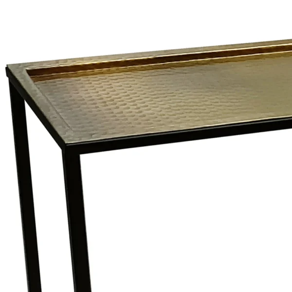 Aurelia 48 Inch Console Sofa Table, Artisanal Hammered Antique Bronze Tray Top, Industrial Black Iron Frame