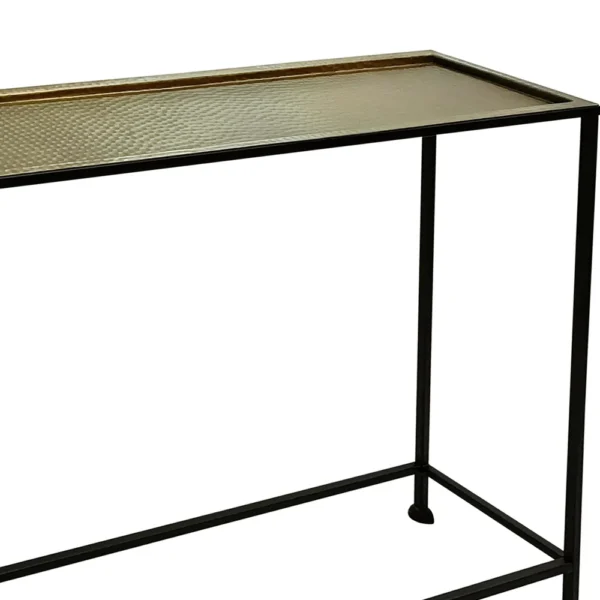 Aurelia 48 Inch Console Sofa Table, Artisanal Hammered Antique Bronze Tray Top, Industrial Black Iron Frame