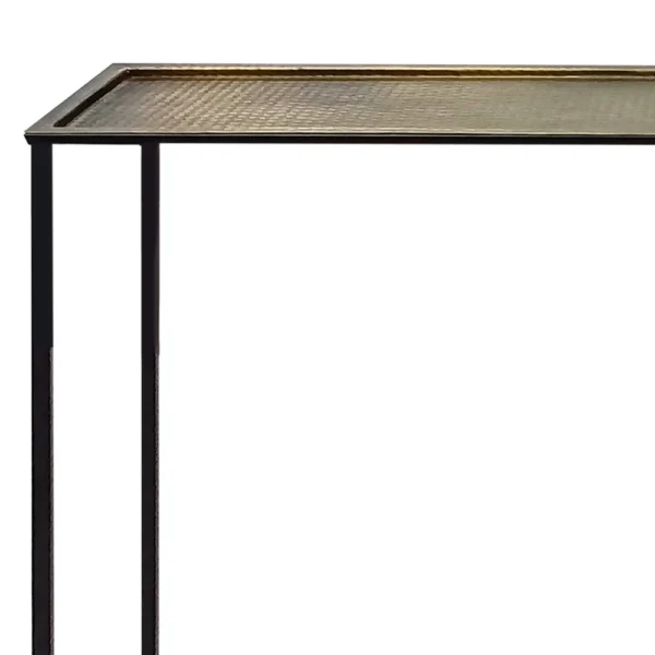 Aurelia 48 Inch Console Sofa Table, Artisanal Hammered Antique Bronze Tray Top, Industrial Black Iron Frame