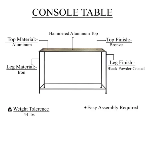Aurelia 48 Inch Console Sofa Table, Artisanal Hammered Antique Bronze Tray Top, Industrial Black Iron Frame