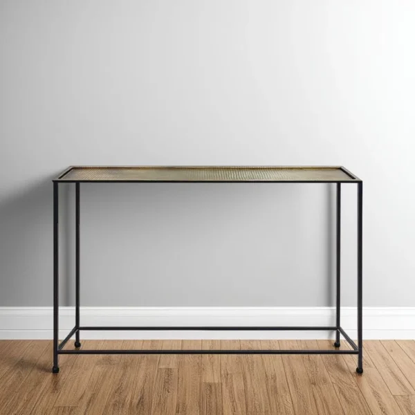 Aurelia 48 Inch Console Sofa Table, Artisanal Hammered Antique Bronze Tray Top, Industrial Black Iron Frame