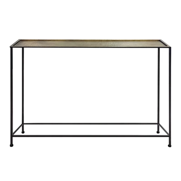 Aurelia 48 Inch Console Sofa Table, Artisanal Hammered Antique Bronze Tray Top, Industrial Black Iron Frame