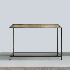 Aurelia 48 Inch Console Sofa Table, Artisanal Hammered Antique Bronze Tray Top, Industrial Black Iron Frame