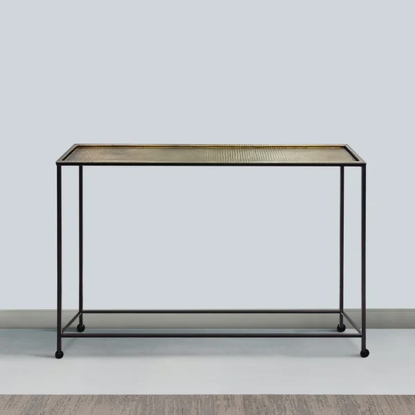 Aurelia 48 Inch Console Sofa Table, Artisanal Hammered Antique Bronze Tray Top, Industrial Black Iron Frame