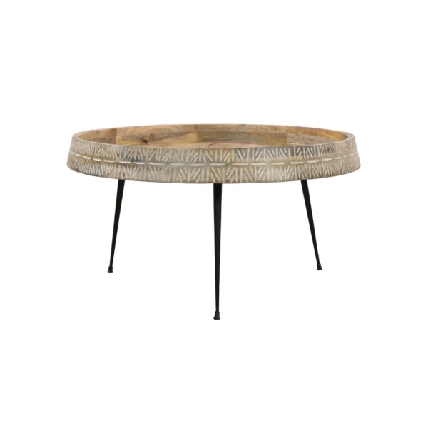 UPT-293094_1 Gia 29 Inch Modern Handcrafted Round Coffee Table, Natural Brown Wood Top with Carved Edge, Black Iron Legs