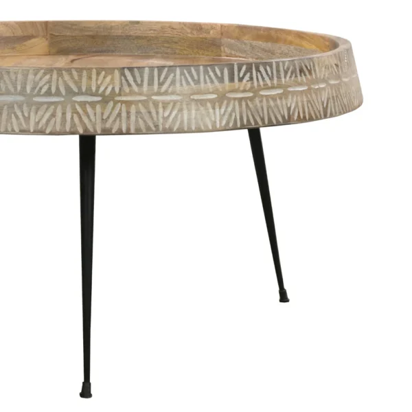 UPT-293094_2 Gia 29 Inch Modern Handcrafted Round Coffee Table, Natural Brown Wood Top with Carved Edge, Black Iron Legs