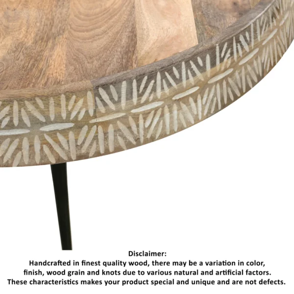 UPT-293094_3 Gia 29 Inch Modern Handcrafted Round Coffee Table, Natural Brown Wood Top with Carved Edge, Black Iron Legs