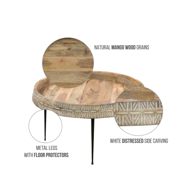 UPT-293094_5 Gia 29 Inch Modern Handcrafted Round Coffee Table, Natural Brown Wood Top with Carved Edge, Black Iron Legs