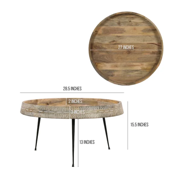 UPT-293094_7 Gia 29 Inch Modern Handcrafted Round Coffee Table, Natural Brown Wood Top with Carved Edge, Black Iron Legs