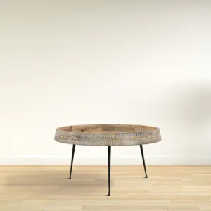 Gia 29 Inch Modern Handcrafted Round Coffee Table, Natural Brown Wood Top with Carved Edge, Black Iron Legs