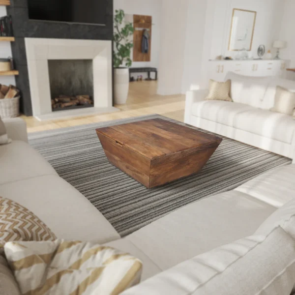 UPT-293095_11 36 Inch Handcrafted Modern Farmhouse Coffee Table, Geometric Angled Square, 1 Drawer, Walnut Mango Wood