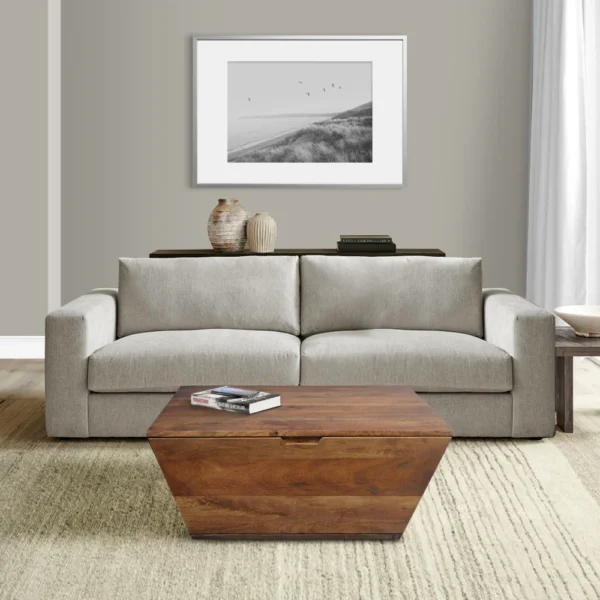 UPT-293095_12 36 Inch Handcrafted Modern Farmhouse Coffee Table, Geometric Angled Square, 1 Drawer, Walnut Mango Wood