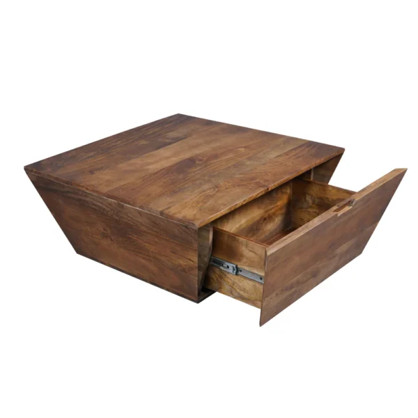 UPT-293095_2 36 Inch Handcrafted Modern Farmhouse Coffee Table, Geometric Angled Square, 1 Drawer, Walnut Mango Wood
