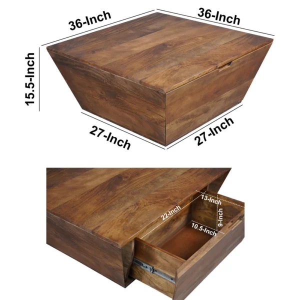 UPT-293095_7 36 Inch Handcrafted Modern Farmhouse Coffee Table, Geometric Angled Square, 1 Drawer, Walnut Mango Wood