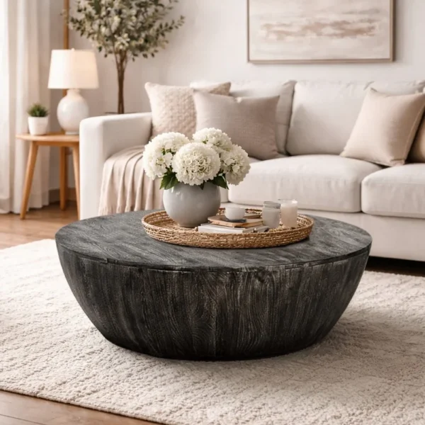 UPT-293098_11 Arthur 36 Inch Farmhouse Style Handcrafted Mango Wood Coffee Table, Round Drum Shape, Sandblasted Black