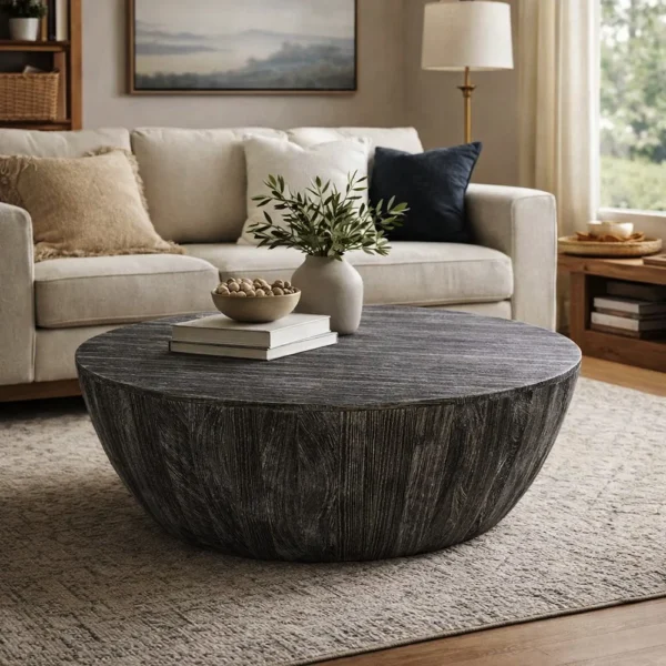 UPT-293098_12 Arthur 36 Inch Farmhouse Style Handcrafted Mango Wood Coffee Table, Round Drum Shape, Sandblasted Black