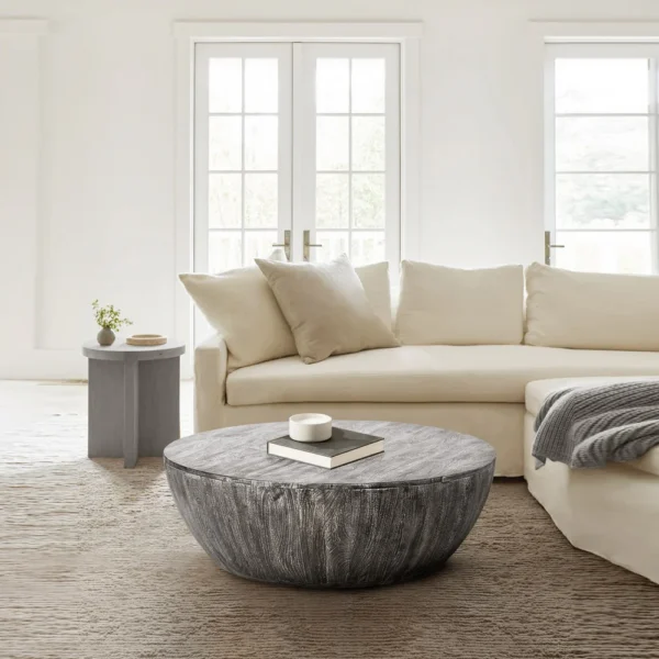 UPT-293098_8 Arthur 36 Inch Farmhouse Style Handcrafted Mango Wood Coffee Table, Round Drum Shape, Sandblasted Black