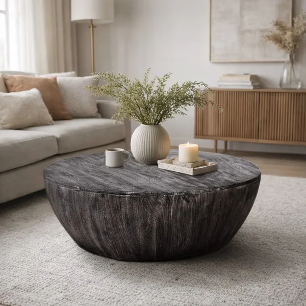 UPT-293098_9_84df8349-56a5-4483-bf69-5cb480a0d5a6 Arthur 36 Inch Farmhouse Style Handcrafted Mango Wood Coffee Table, Round Drum Shape, Sandblasted Black