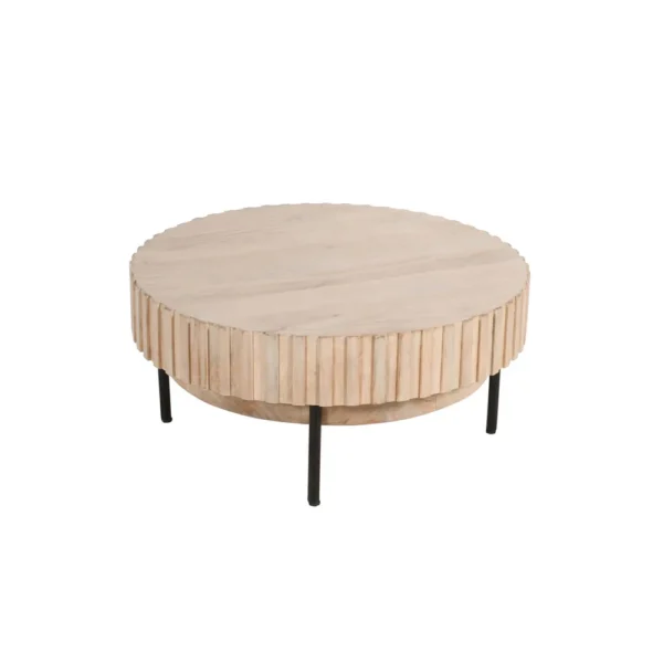 UPT-293347 36 Inch Modern Handcrafted Round Coffee Table, Oak White Wood Top with Grooved Edges, Black Iron Legs