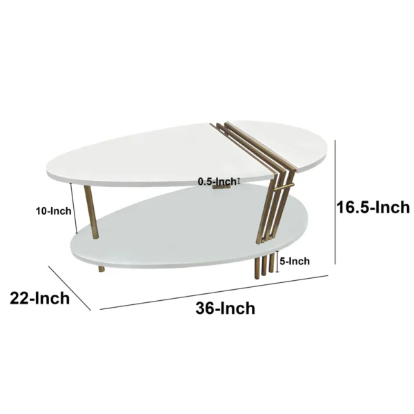 36 Inch Modern Coffee Table, Oval Elliptical Shape, White Mango Wood With Antique Brass