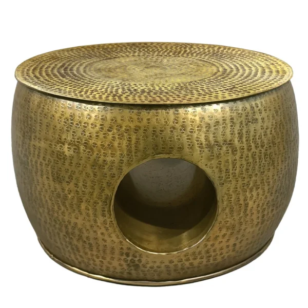 Nala 23 Inch Coffee Table, Low Round Drum Shape with Unique Hollow Center, Antique Brass Aluminum
