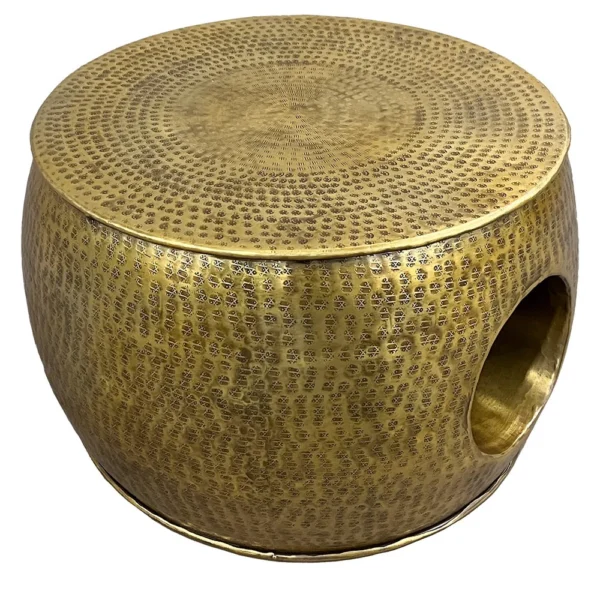 Nala 23 Inch Coffee Table, Low Round Drum Shape with Unique Hollow Center, Antique Brass Aluminum