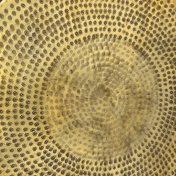 Nala 23 Inch Coffee Table, Low Round Drum Shape with Unique Hollow Center, Antique Brass Aluminum