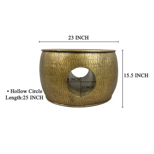 Nala 23 Inch Coffee Table, Low Round Drum Shape with Unique Hollow Center, Antique Brass Aluminum